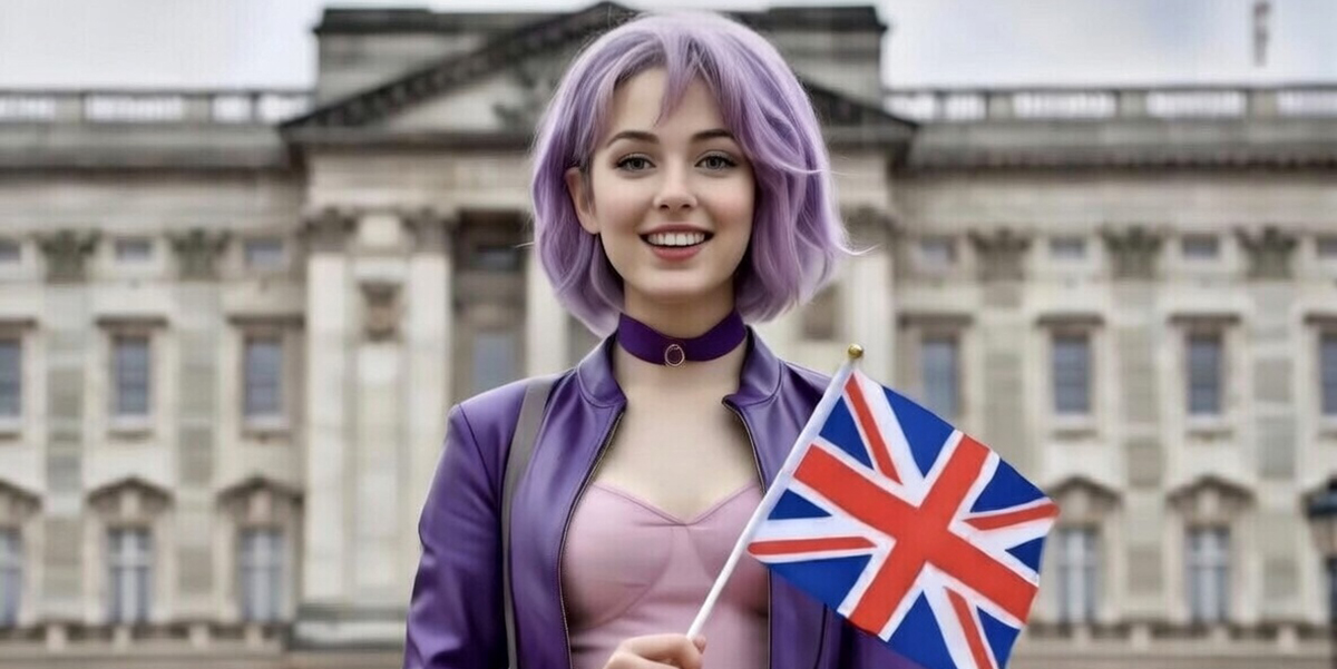 Amelia meme character pink hair British flag